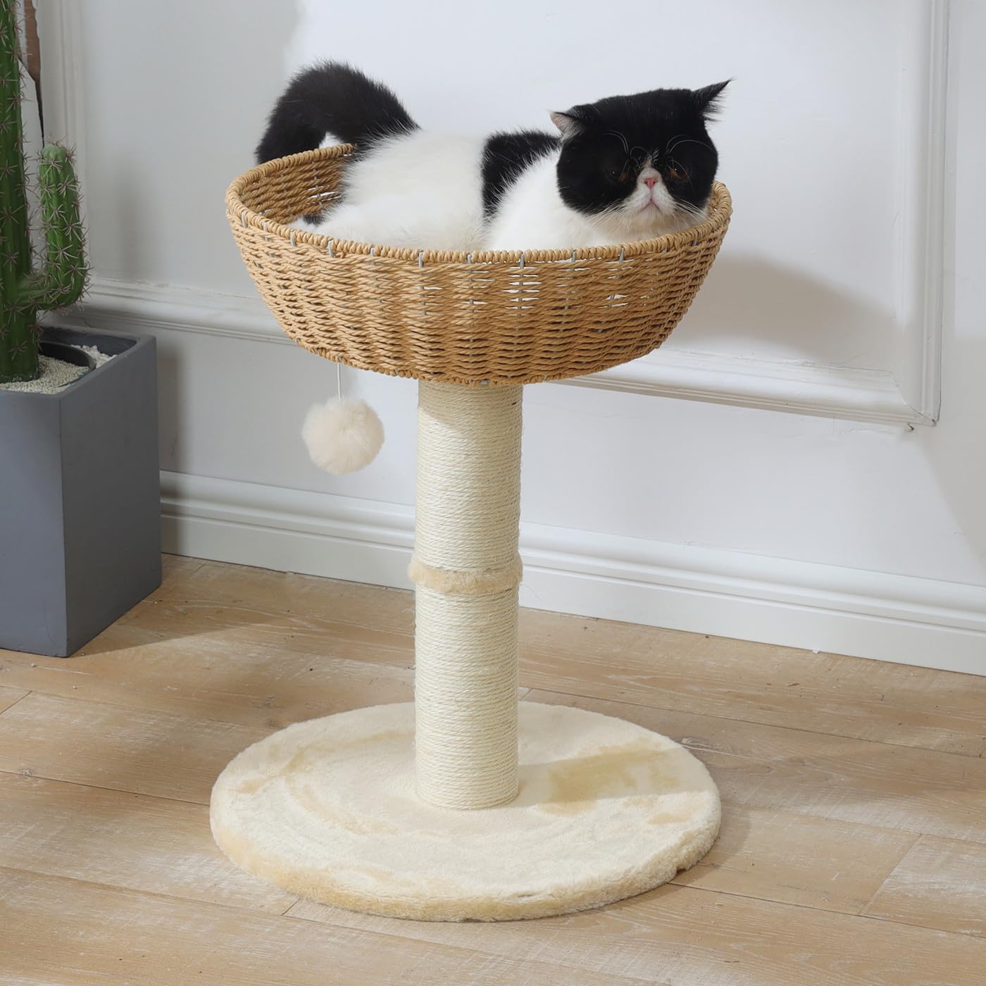 SHENGOCASE cat tree features a fluffy pompom toy for playful moments