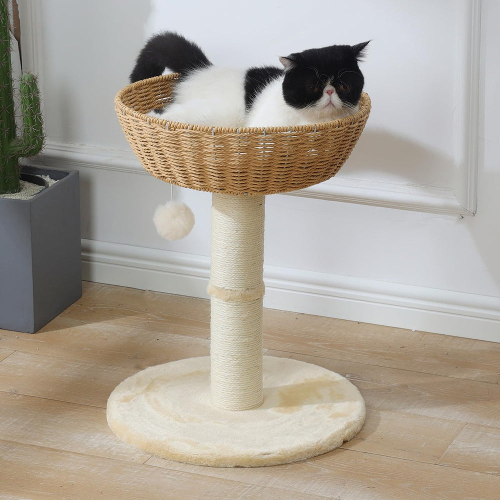 SHENGOCASE cat tree features a fluffy pompom toy for playful moments