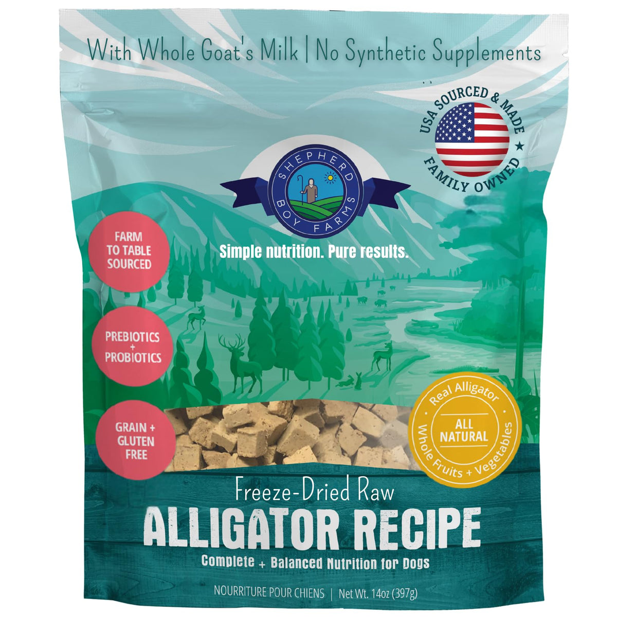 Shepherd Boy Farms Alligator Recipe raw dog food in bowl with high-protein nutrition for active dogs