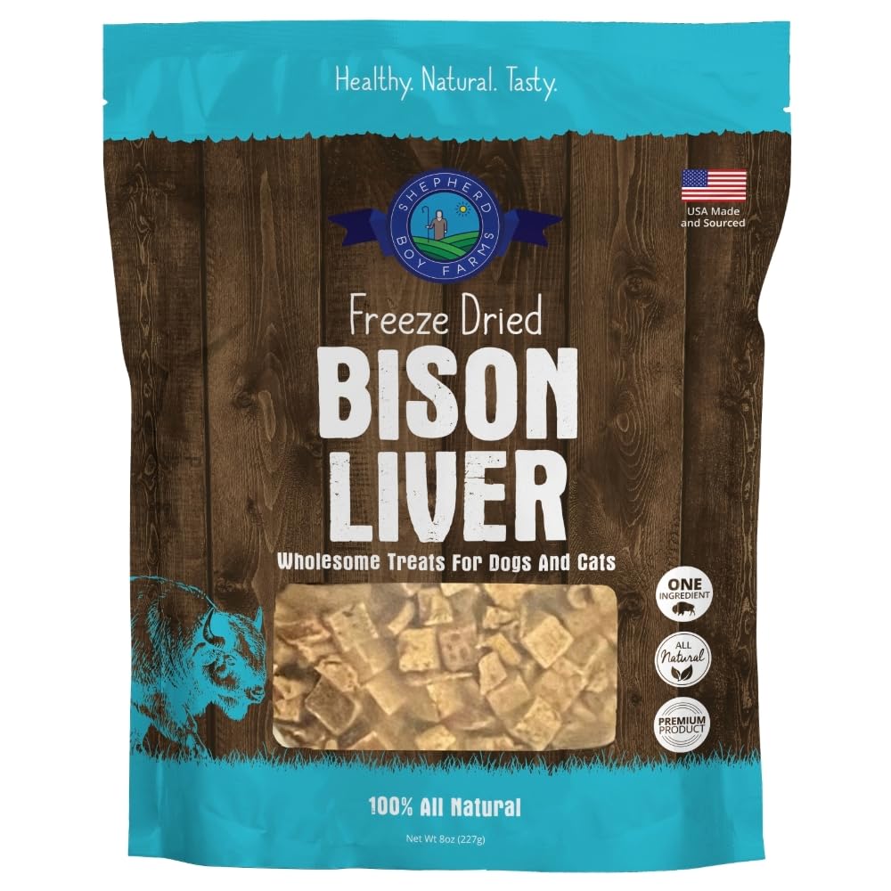 Shepherd Boy Farms bison liver treat packaging showing USA-made quality