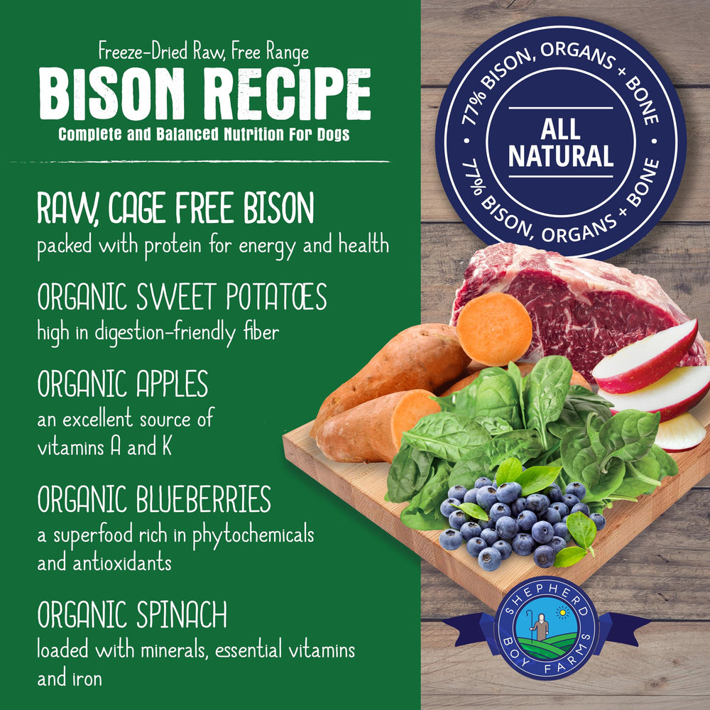 Bison meat blended with goat milk creates balanced canine nutrition.