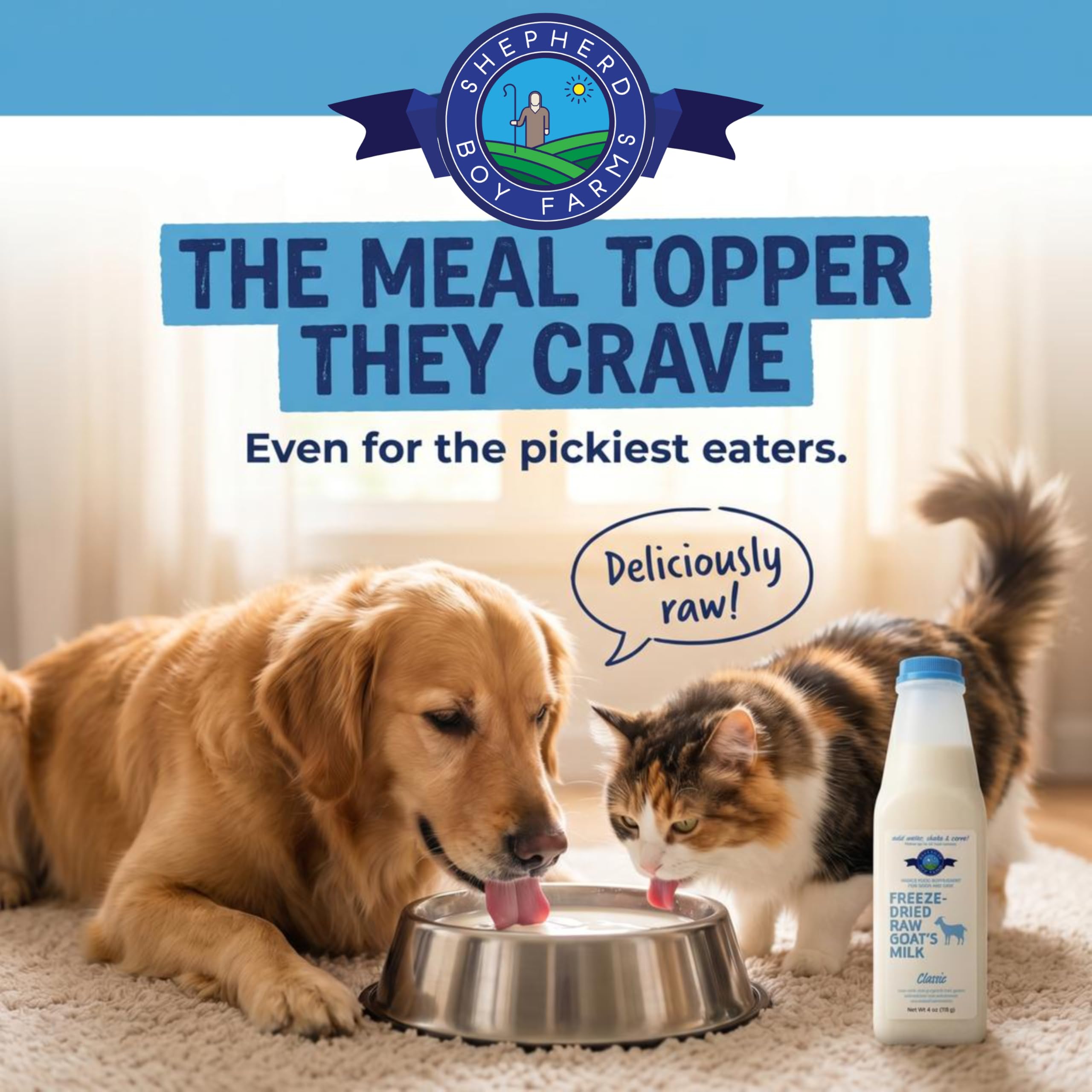 Shepherd Boy Farms cat topper on wet food for meals.