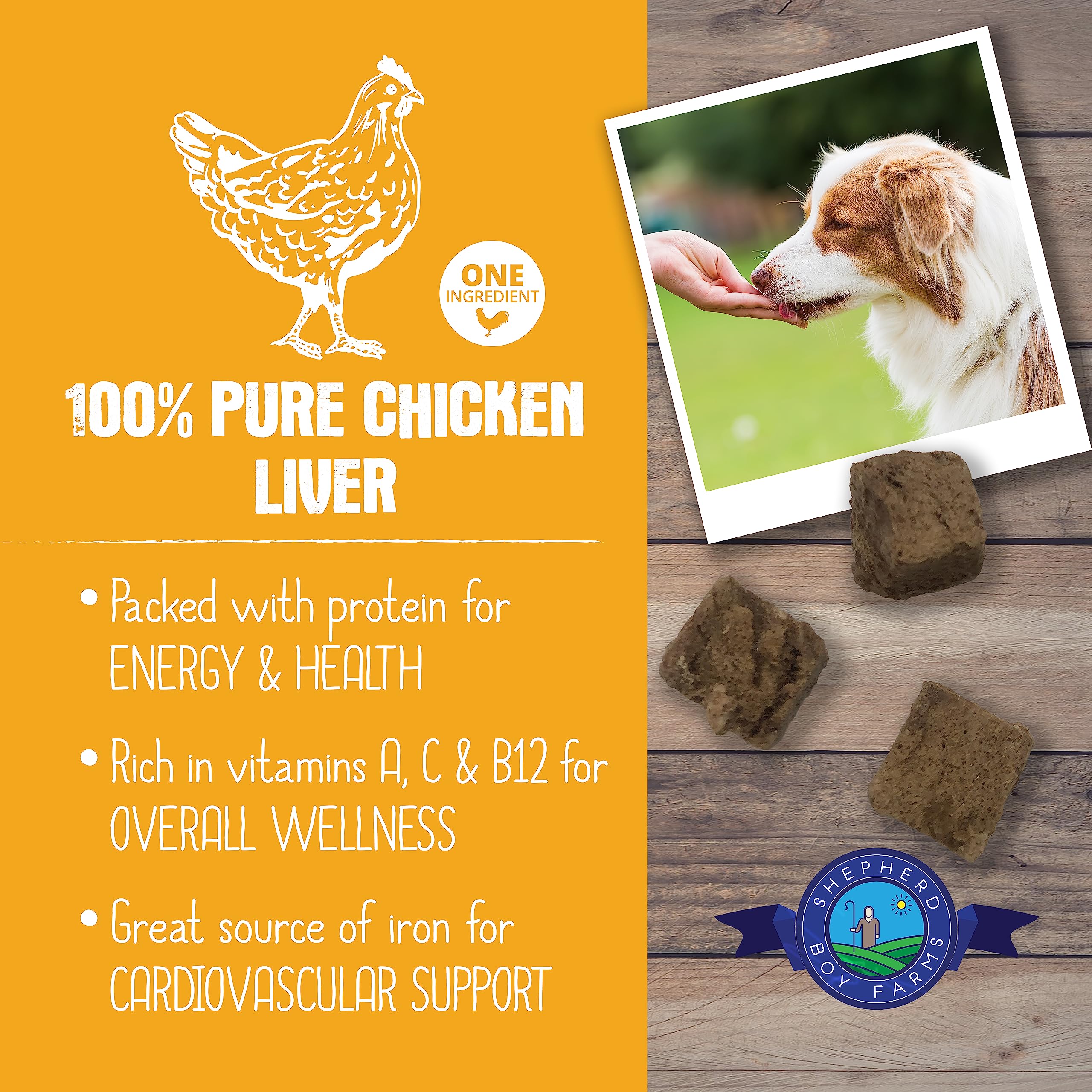 Shepherd Boy Farms chicken liver treats for cats and dogs, single-ingredient nutrition.