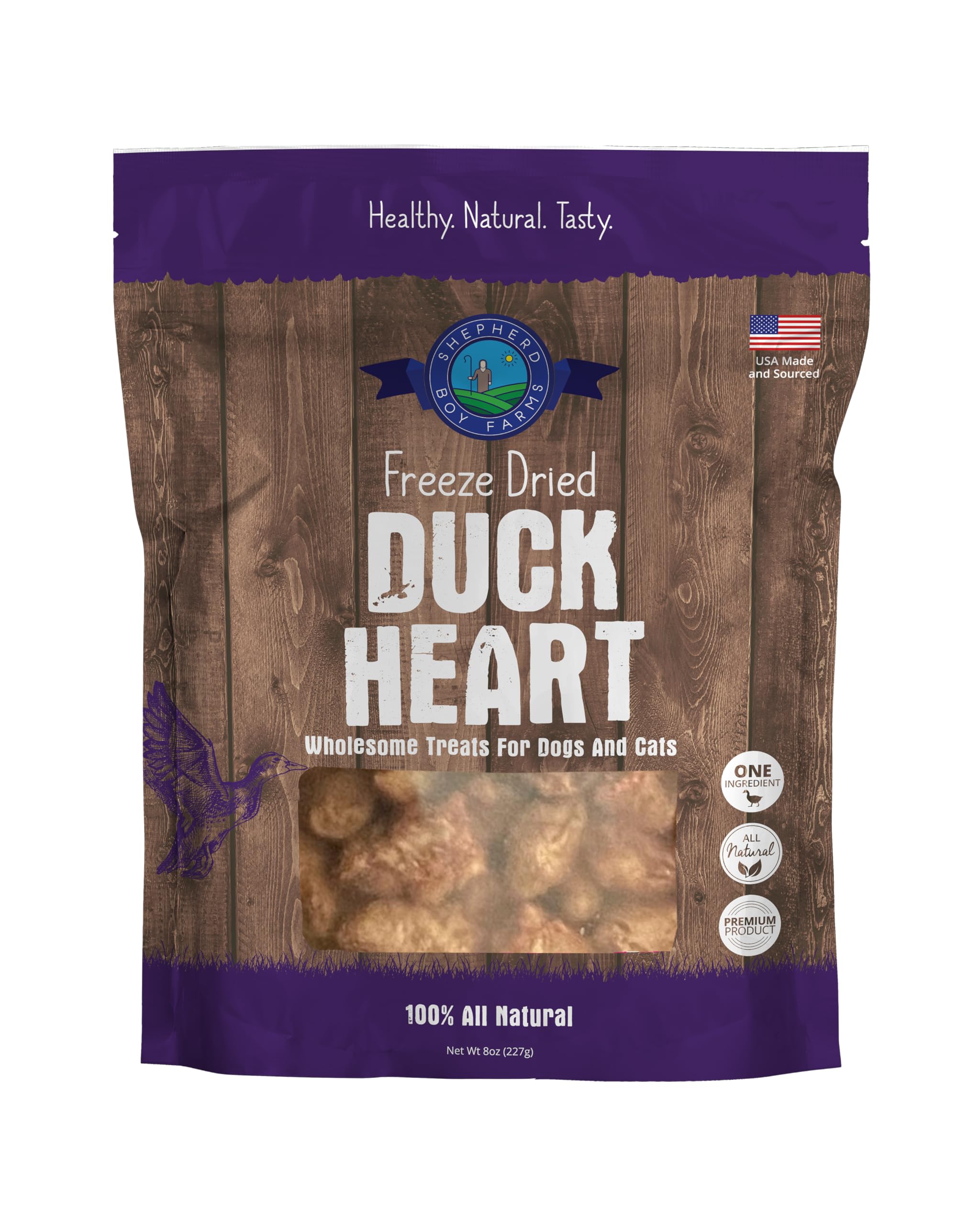 Shepherd Boy Farms duck heart treats front view for pets, single-ingredient snack