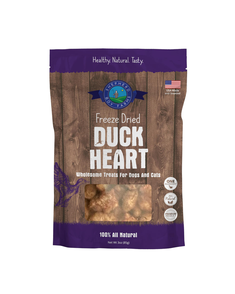 Shepherd Boy Farms duck heart treats in packaging, ideal for training rewards.