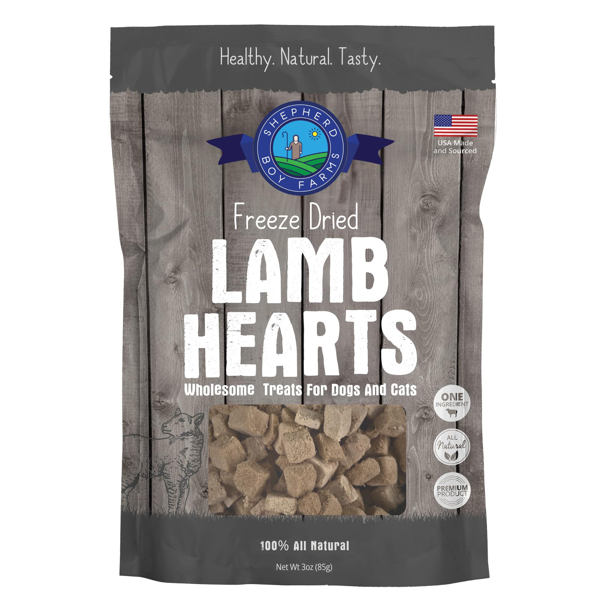Shepherd Boy Farms freeze-dried lamb heart treat close-up, protein-rich snack for dogs and cats.