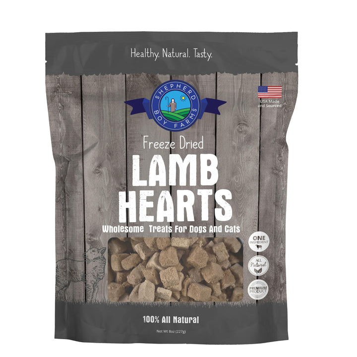 Shepherd Boy Farms freeze-dried lamb heart treats in an 8oz bag, high-protein snack for pets