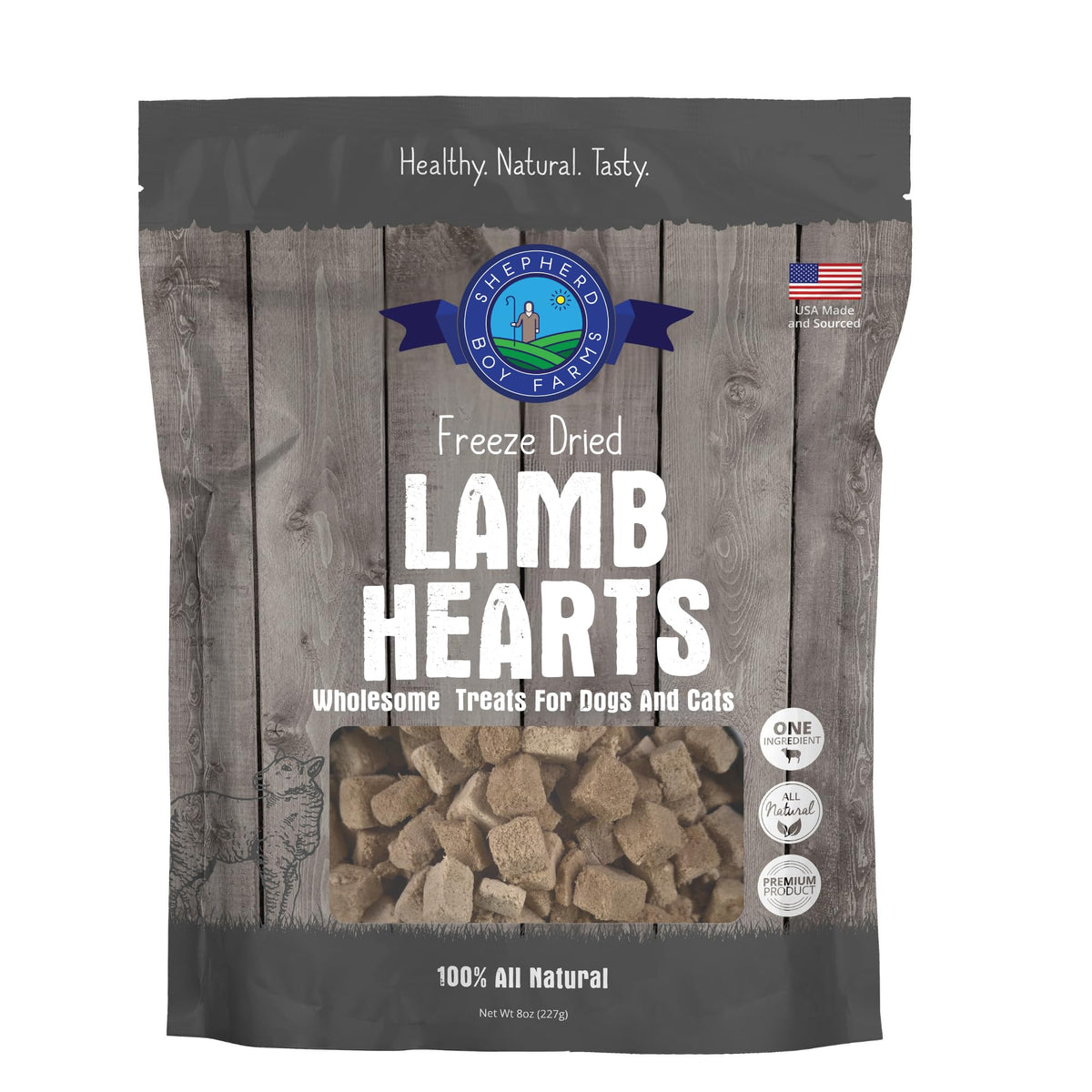 Shepherd Boy Farms freeze-dried lamb heart treats in an 8oz bag, high-protein snack for pets