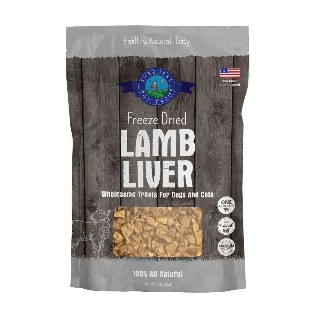 Shepherd Boy Farms lamb liver treats in resealable bag, high-protein snack for pets.