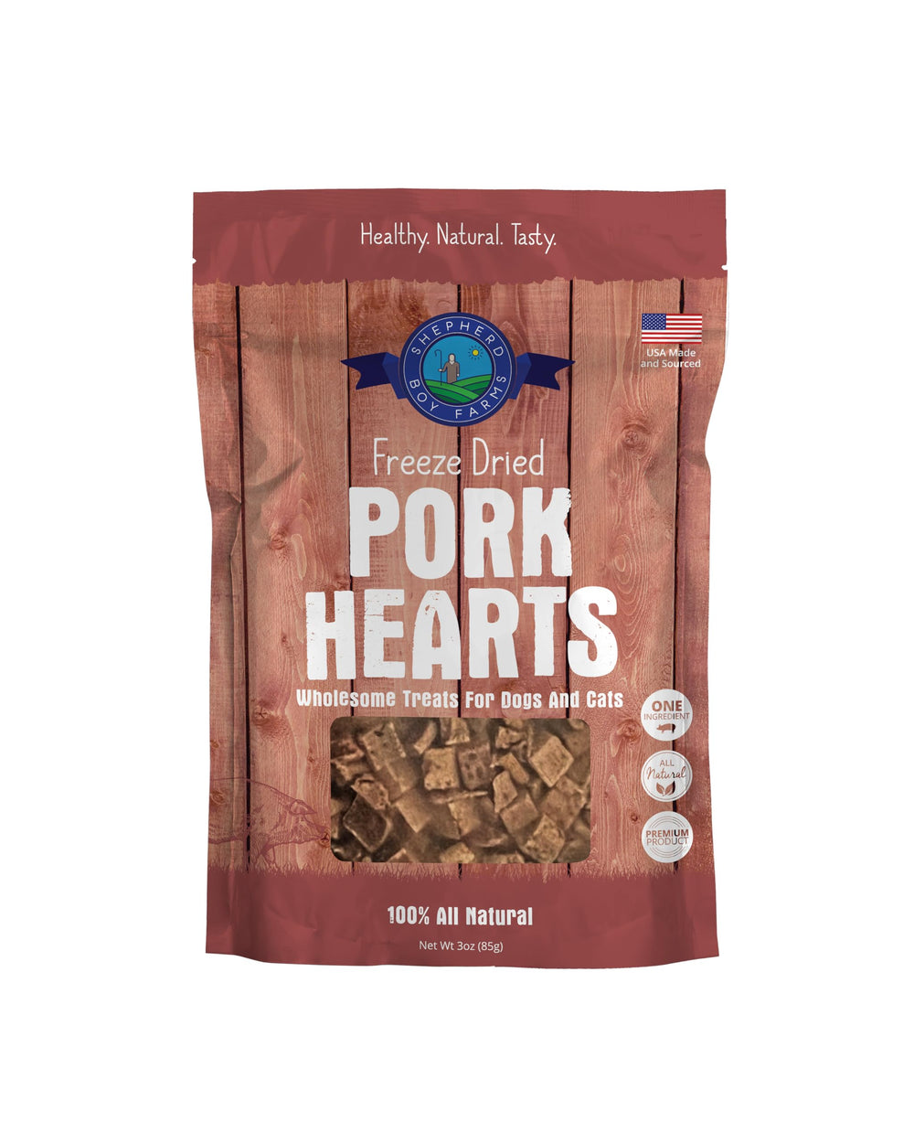 Shepherd Boy Farms pork heart treats in a 3oz bag for dogs and cats.