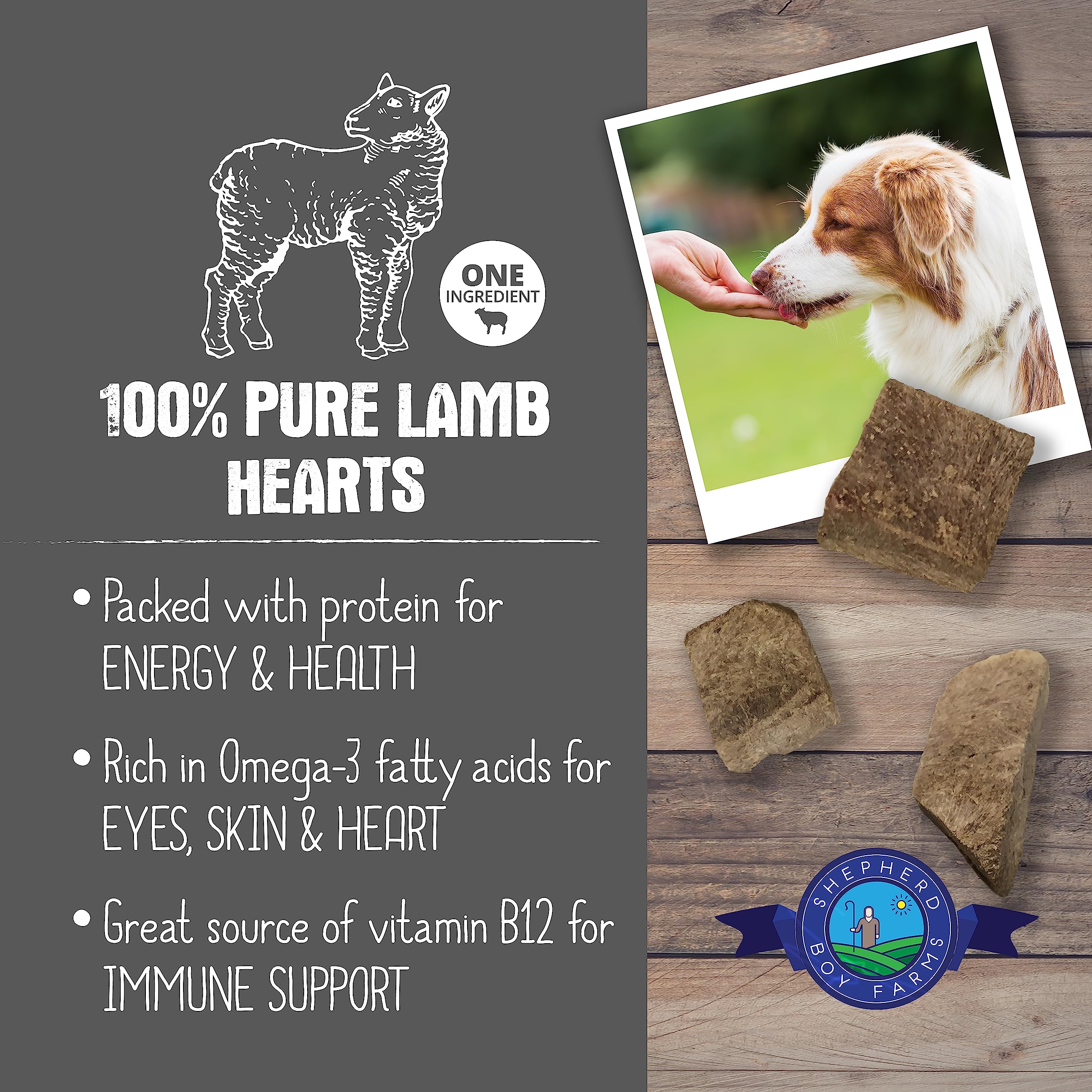 Shepherd Boy Farms single-ingredient lamb heart snack, ideal for sensitive pets and limited diets.