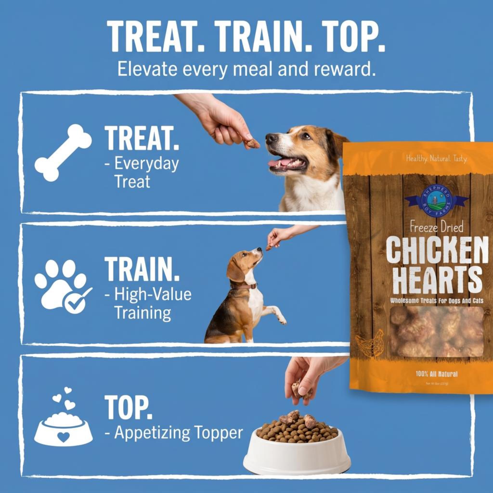 Shepherd Boy Farms training treat close-up, chicken hearts ideal for positive reinforcement.