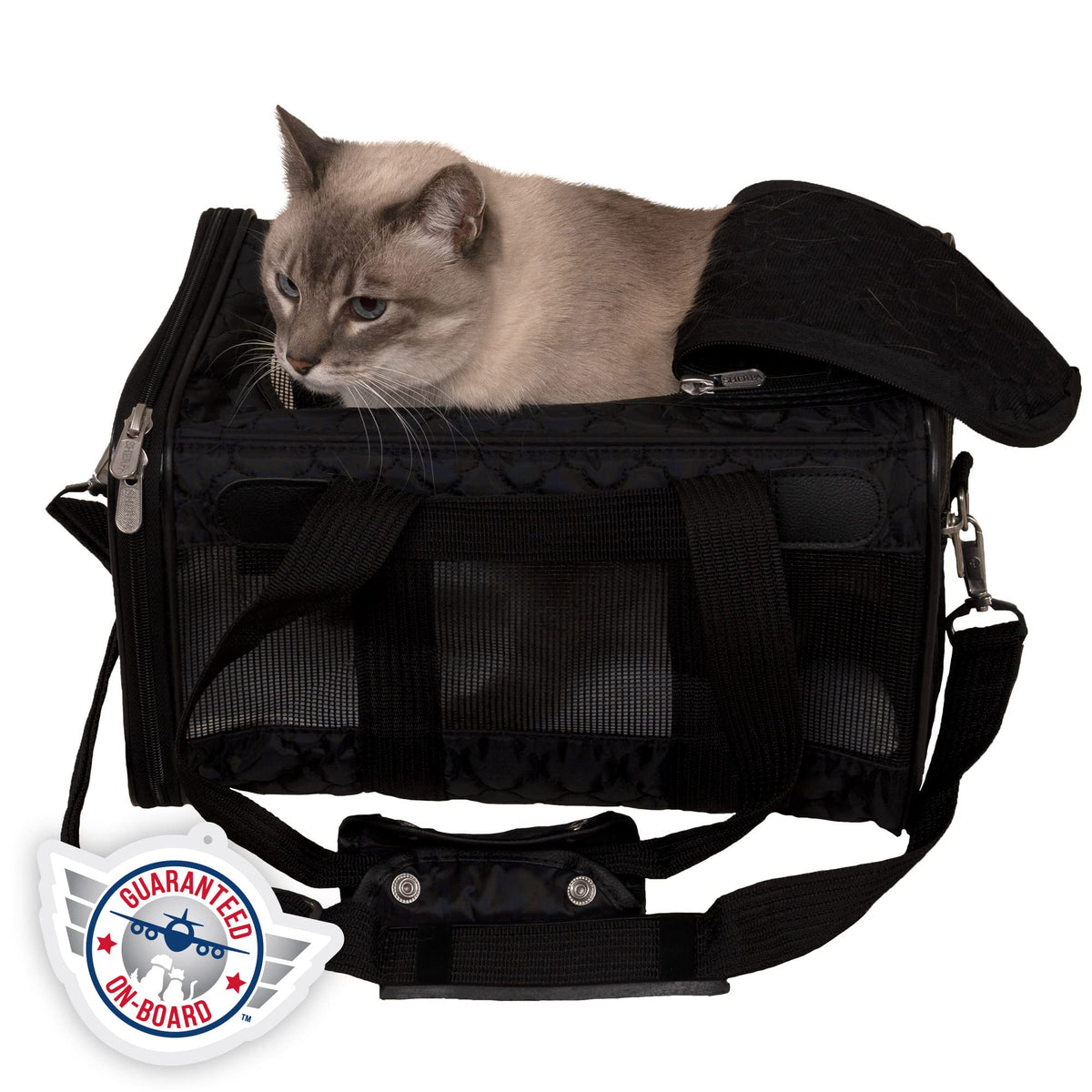Sherpa Original Deluxe carrier with airline-approved design for in-flight comfort.