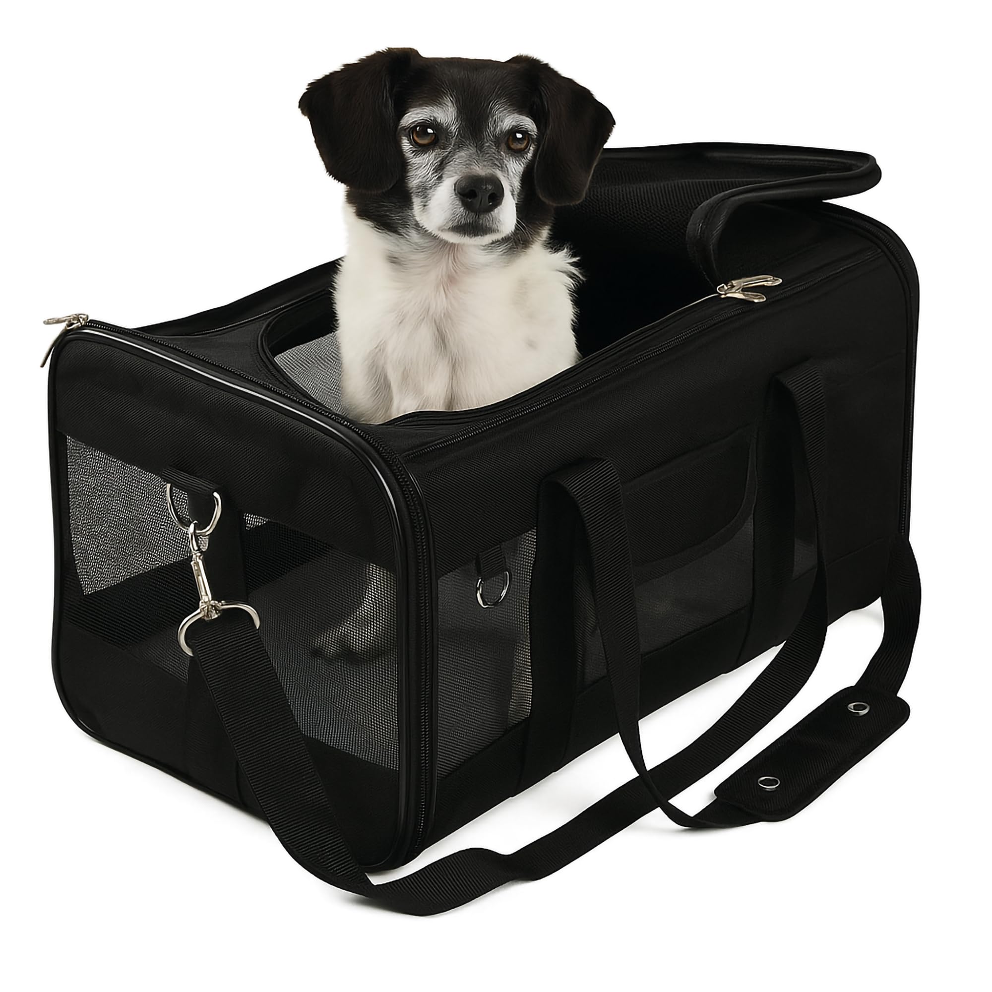 Sherpa Original Deluxe carrier front view showing airline-friendly profile and comfortable pet travel