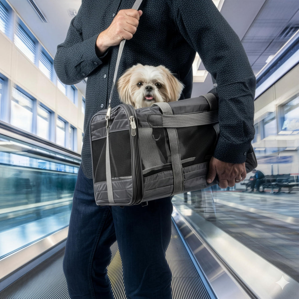 Sherpa luggage strap doubles as car-seat belt pass-through for safe travel.