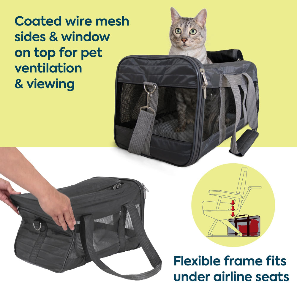 Sherpa spring-wire-frame carrier compressed for under-seat storage.