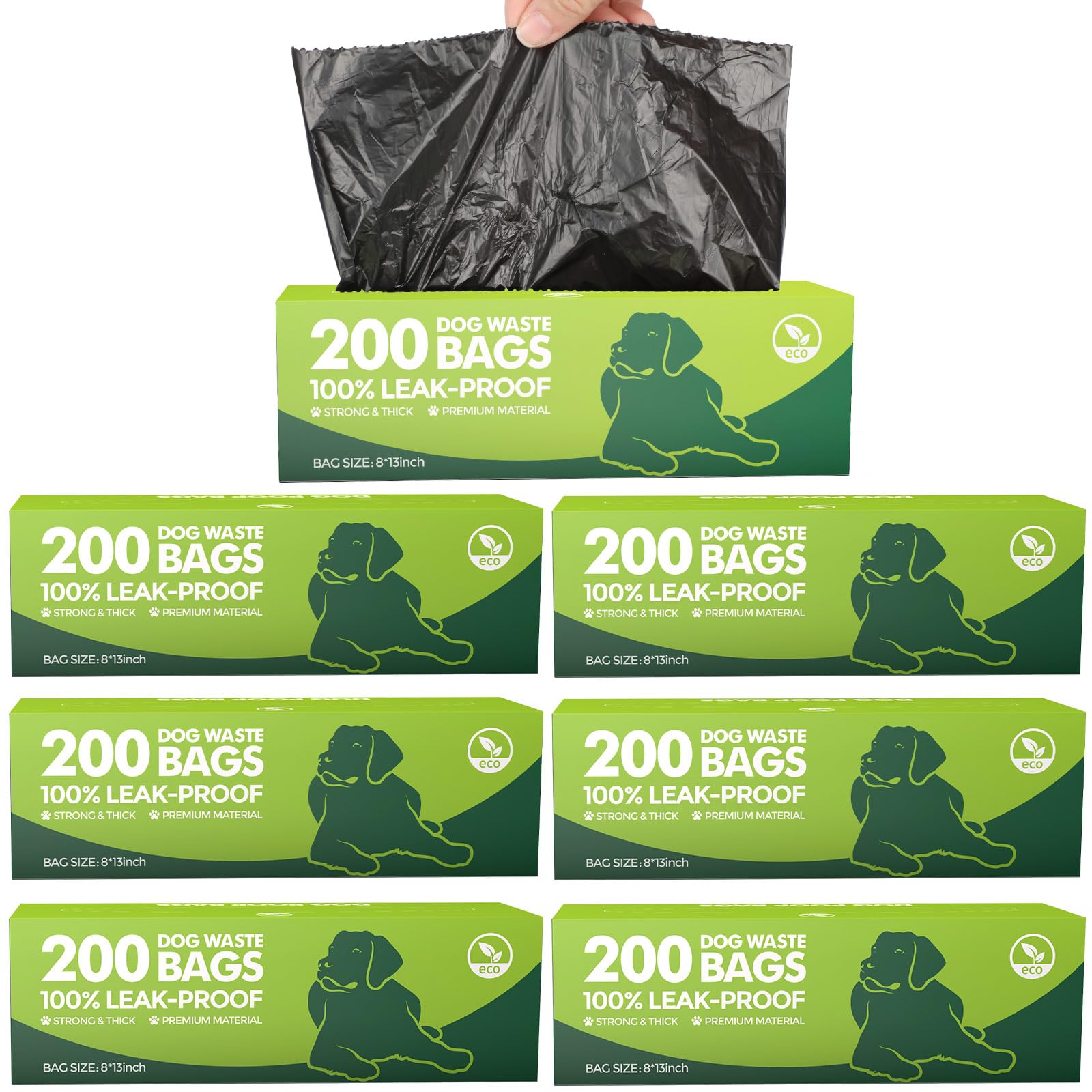 Sherr 6 boxed rolls show 1200-count dog poop bags for daily walks.