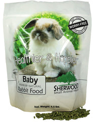 Sherwood Baby Rabbit Food hay-based pellet promotes balanced digestion for small rabbits.