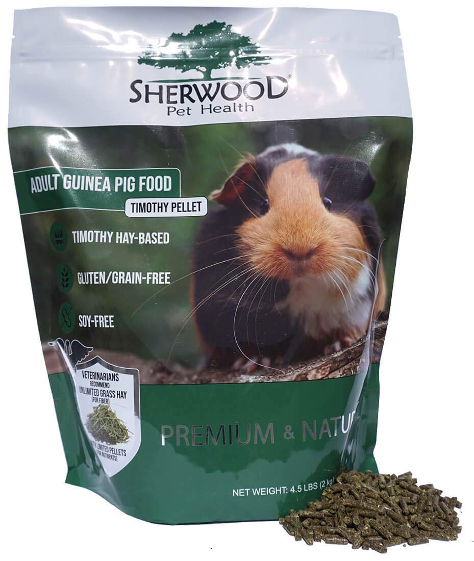 Sherwood Pet Health adult guinea pig food measured timothy pellet front view, highlighting hay-based balance.