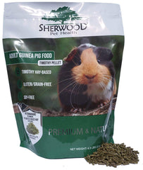 Sherwood Pet Health adult guinea pig food measured timothy pellet front view, highlighting hay-based balance.