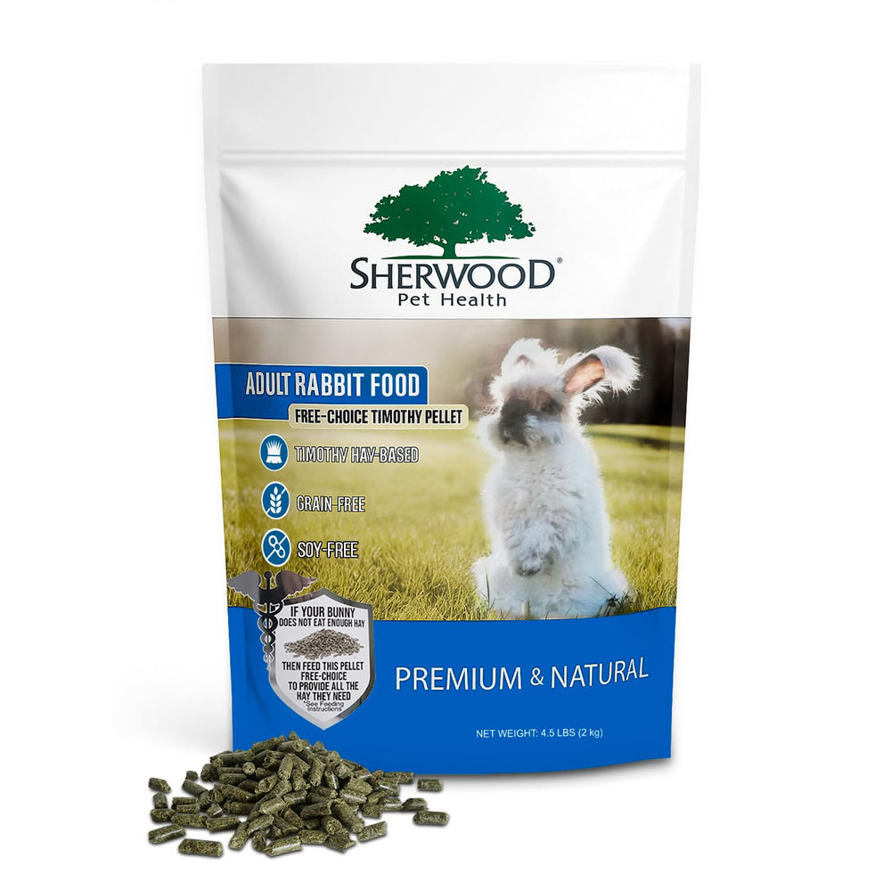 Sherwood Pet Health adult rabbit food with timothy hay bag boosts natural nutrition and grazing.