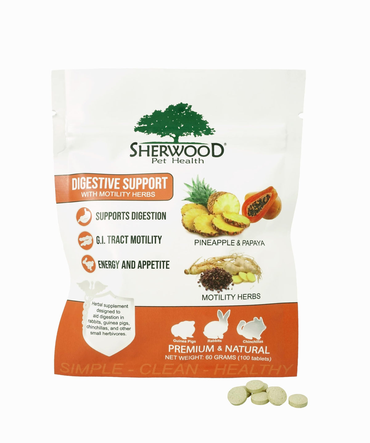 Sherwood Pet Health Digestive Papaya tablets bottle front view for convenient use.