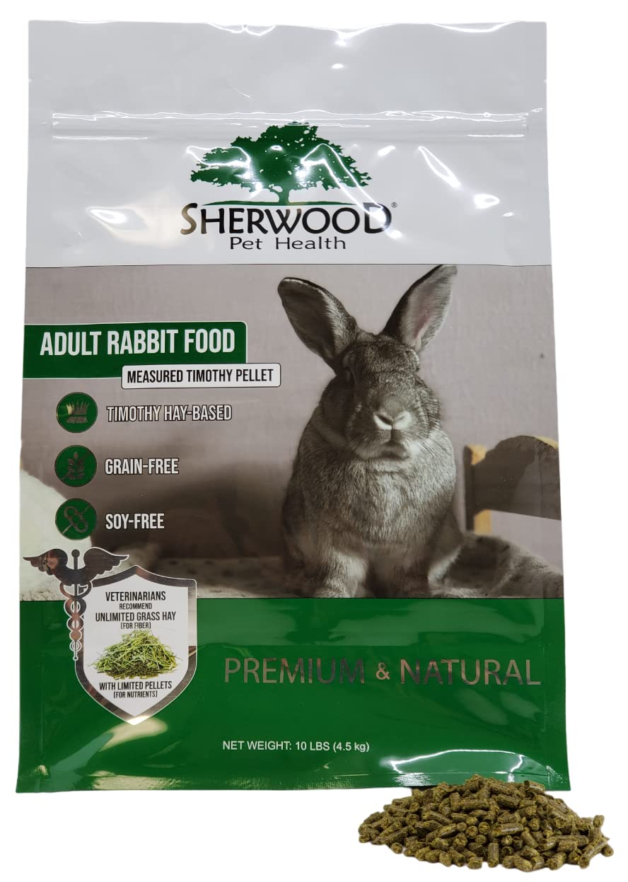 Sherwood Pet Health Rabbit Food bag closeup highlighting hay-based formula for digestion.