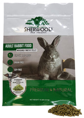 Sherwood Pet Health Rabbit Food bag closeup highlighting hay-based formula for digestion.
