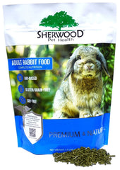 Sherwood Pet Health rabbit food bag front showing hay-based formula for balanced nutrition