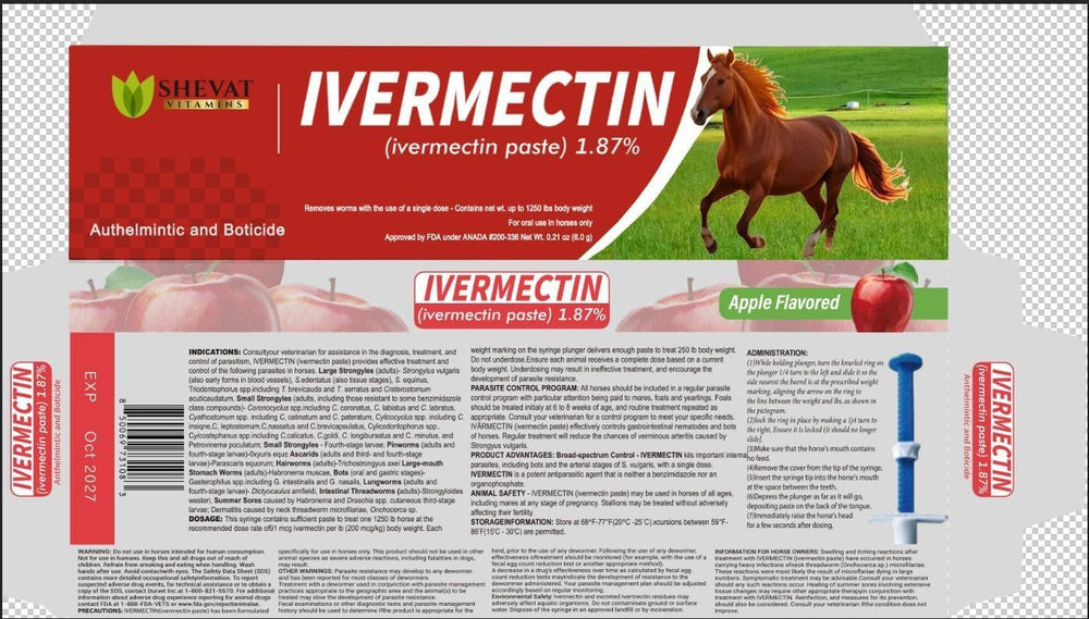 SHEVAT VITAMINS Ivermectin paste tube calibrated for horses up to 1250 pounds.