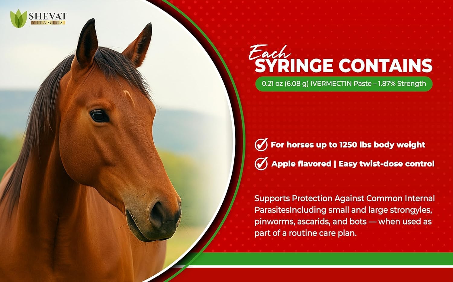 SHEVAT VITAMINS Ivermectin paste apple flavor dosing illustration for horses.