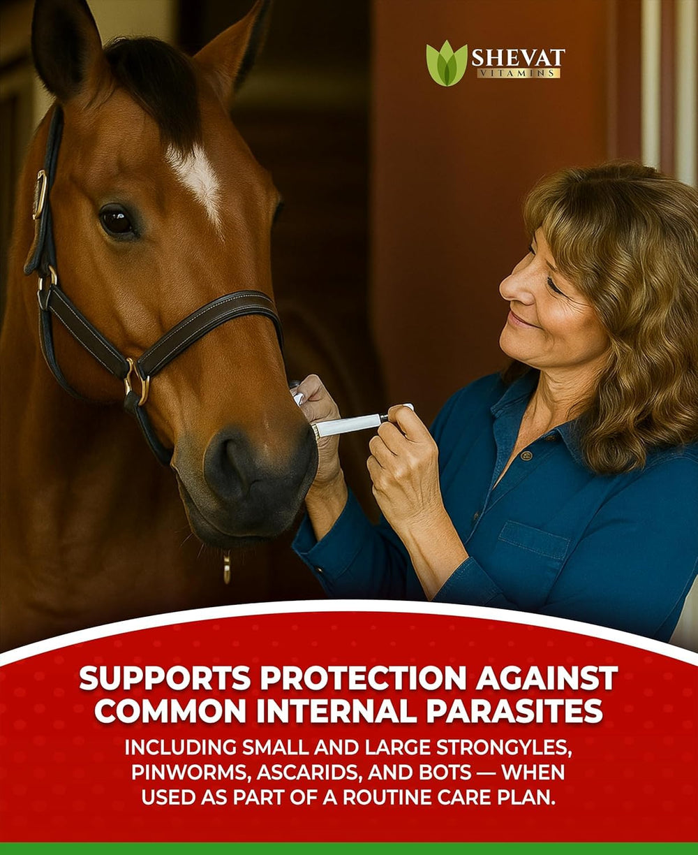 SHEVAT VITAMINS Ivermectin horse paste in a pre-filled syringe for simple dosing.