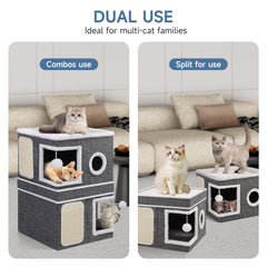 Shikha 2-storey cat house interior shows two private condos for lounging.