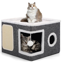 Shikha 3in1 cat bed shows cozy sleep, play, and scratch in one unit for indoor cats
