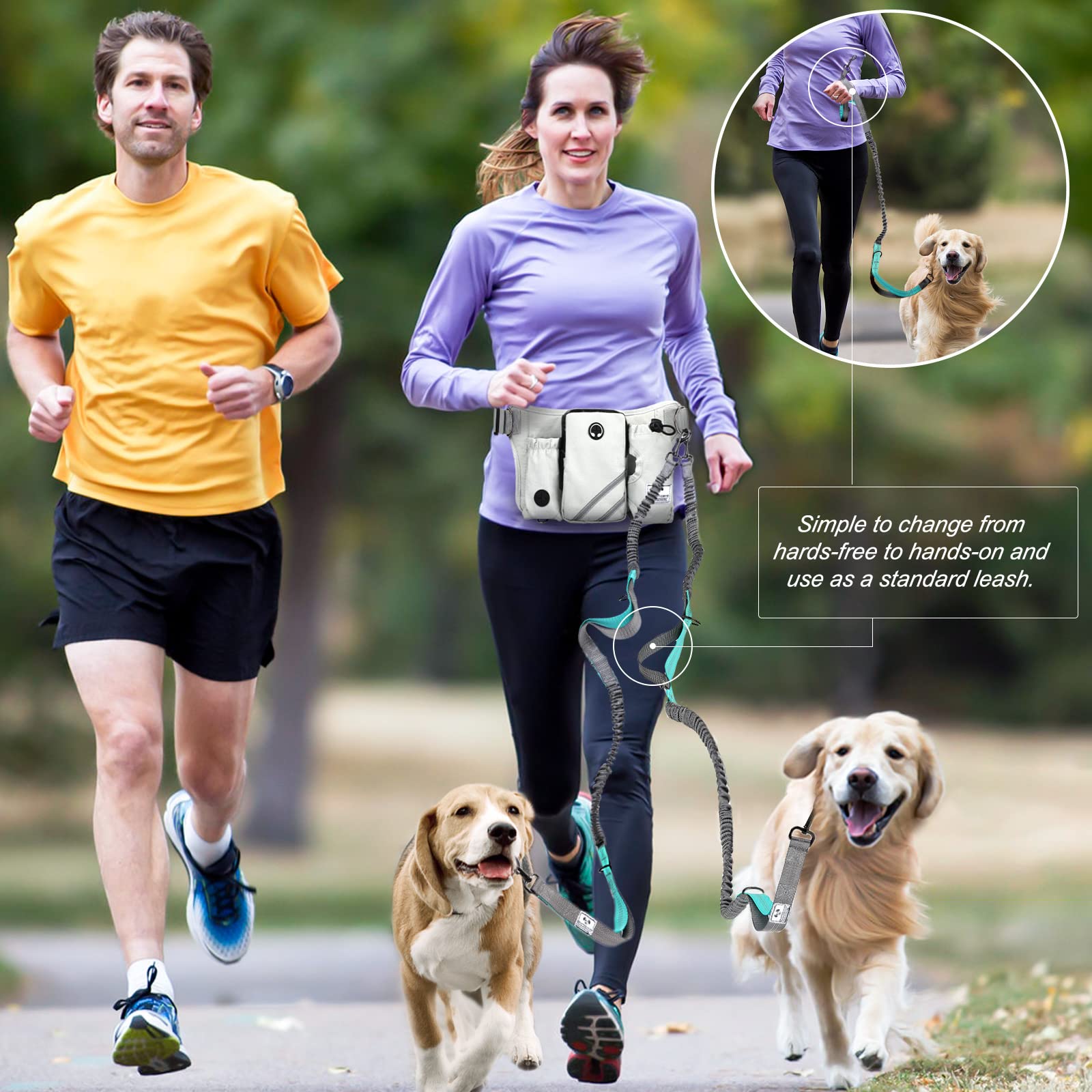 SHINE HAI waist belt leash enables hands-free walking with two dogs.
