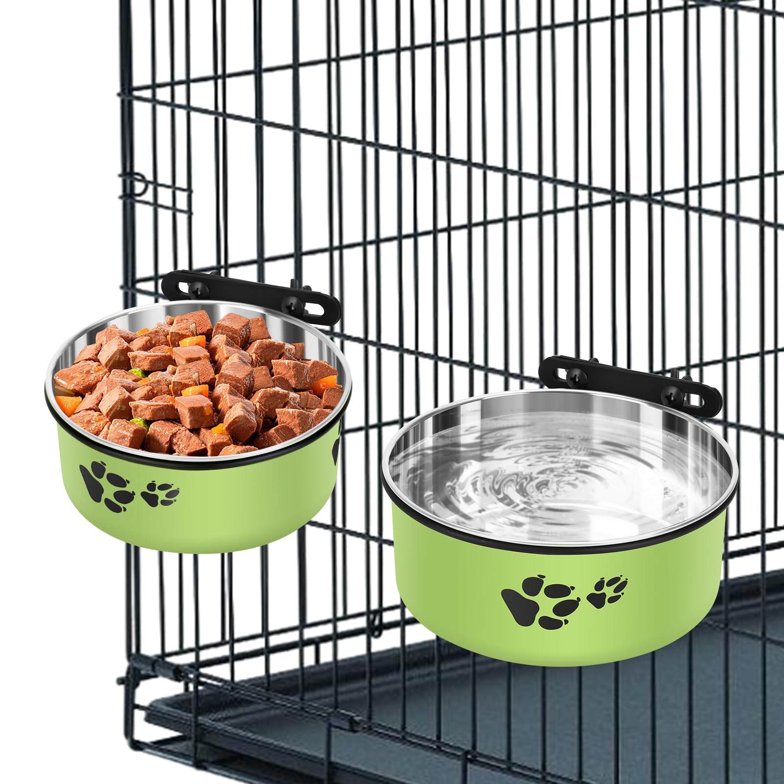 ShineMe dog crate bowls mounted securely to crate bars to prevent spills.