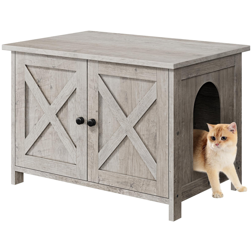 Shintenchi cat litter enclosure front view in grey hides litter from sight.