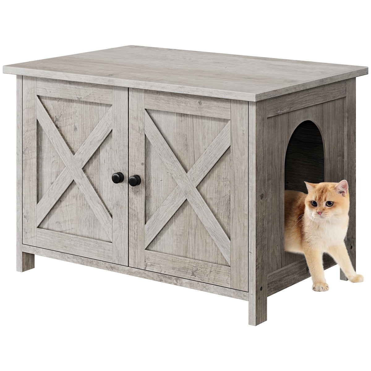 Shintenchi cat litter enclosure front view in grey hides litter from sight.