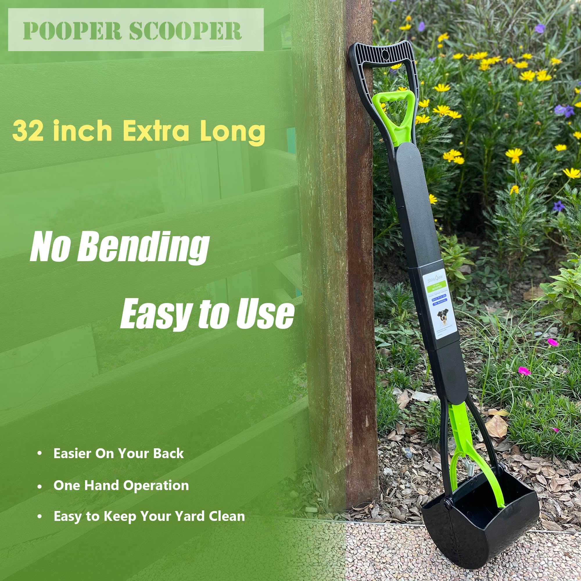 ShinyDew pooper scooper with attached bag dispenser for easy pickup.