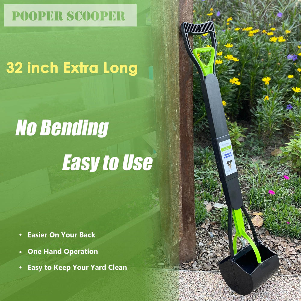 ShinyDew pooper scooper with attached bag dispenser for easy pickup.