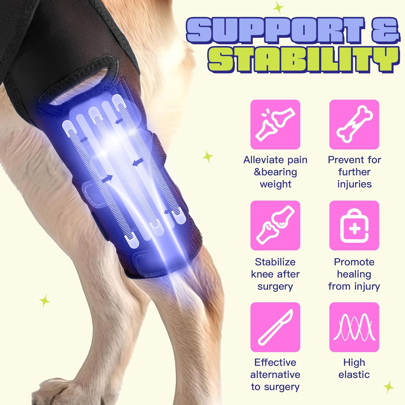 Breathable neoprene SHIUMORE brace keeps your dog's knee comfortable during daily activity.