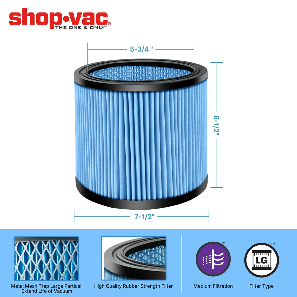 Shop-Vac nanofiber three-layer filter delivers high efficiency for daily debris.