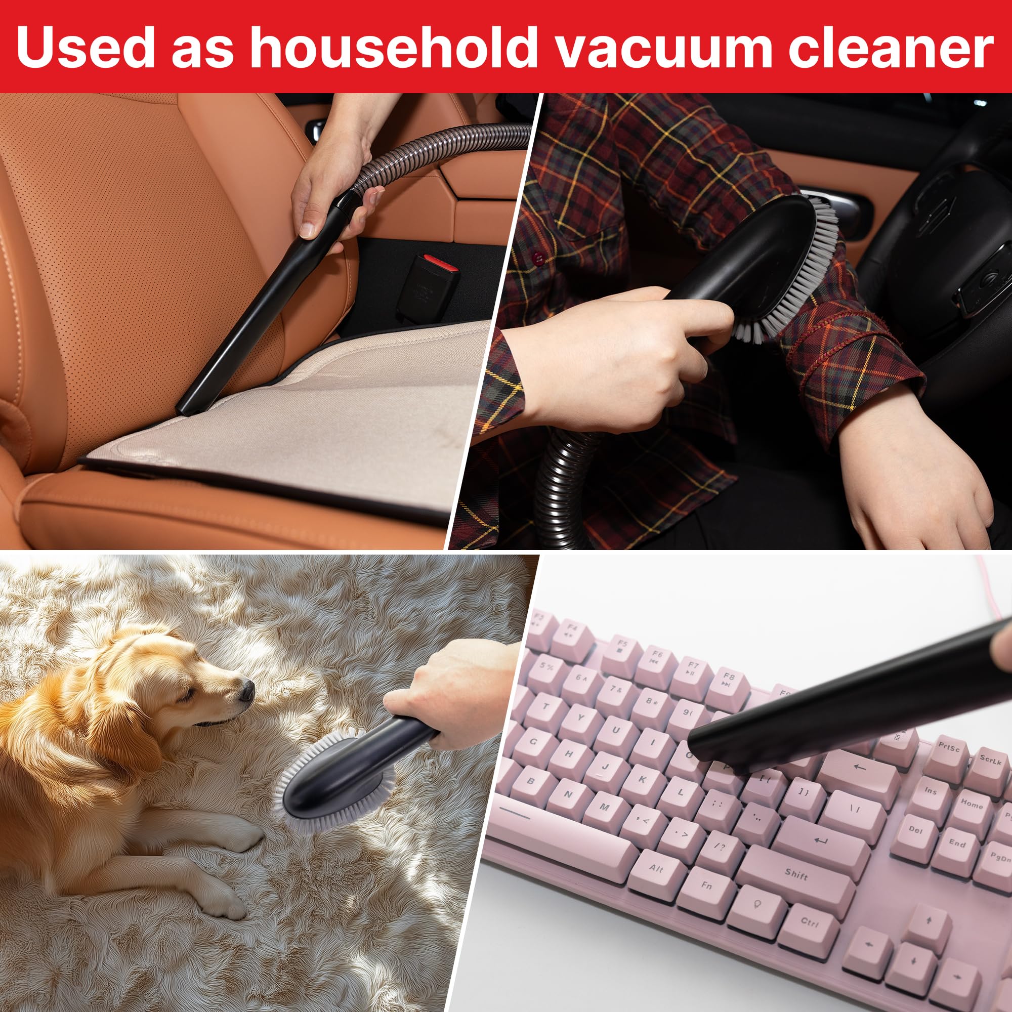Shop-Vac quiet operation with long hose supports pet-friendly grooming.