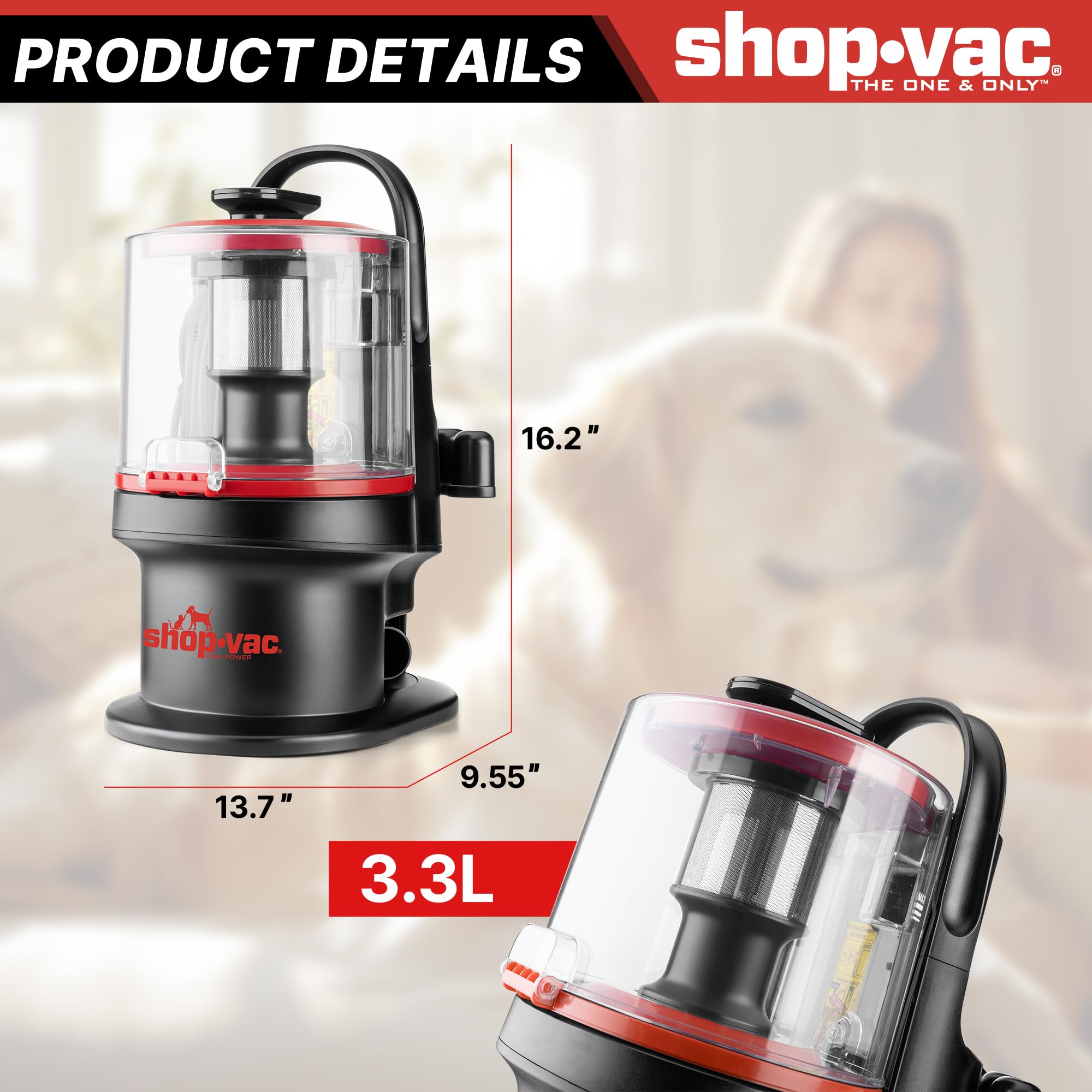 Shop-Vac soft brush and rake attachments ease coat grooming and detangling.
