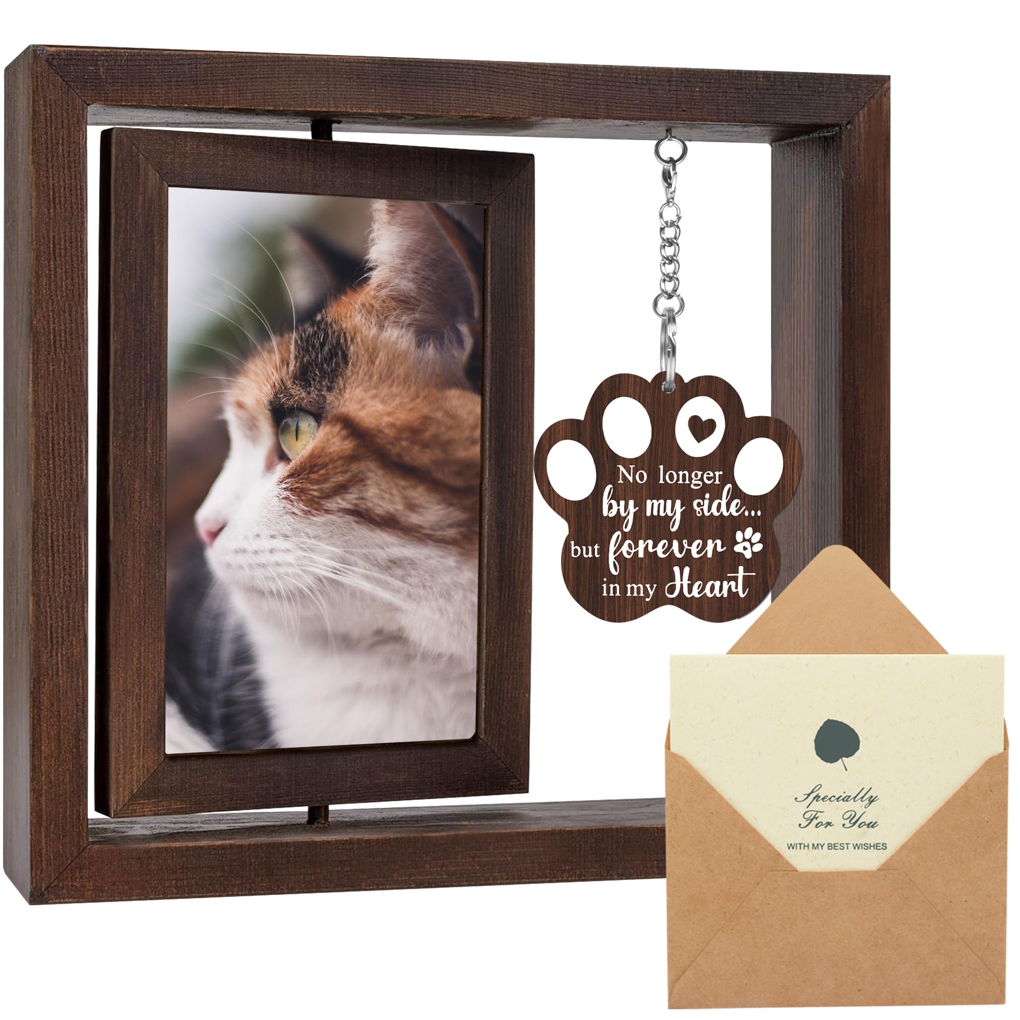 SHOW-YA cat memorial rotating frame in wood, preserving cherished memories.