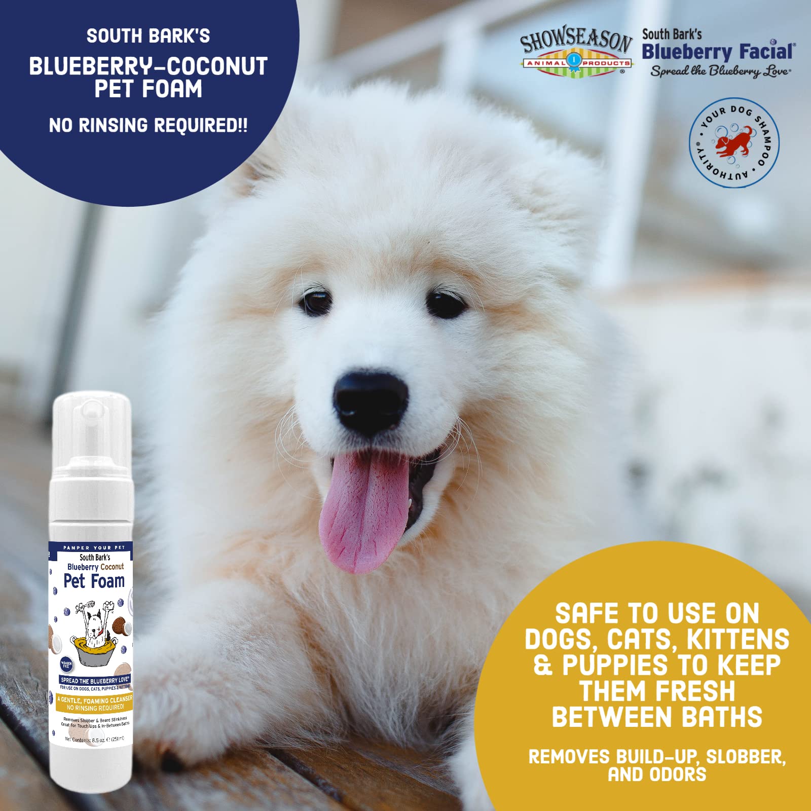 Showseason Blueberry-Coconut Pet Face Foam Cleanser no-rinse feature in action.