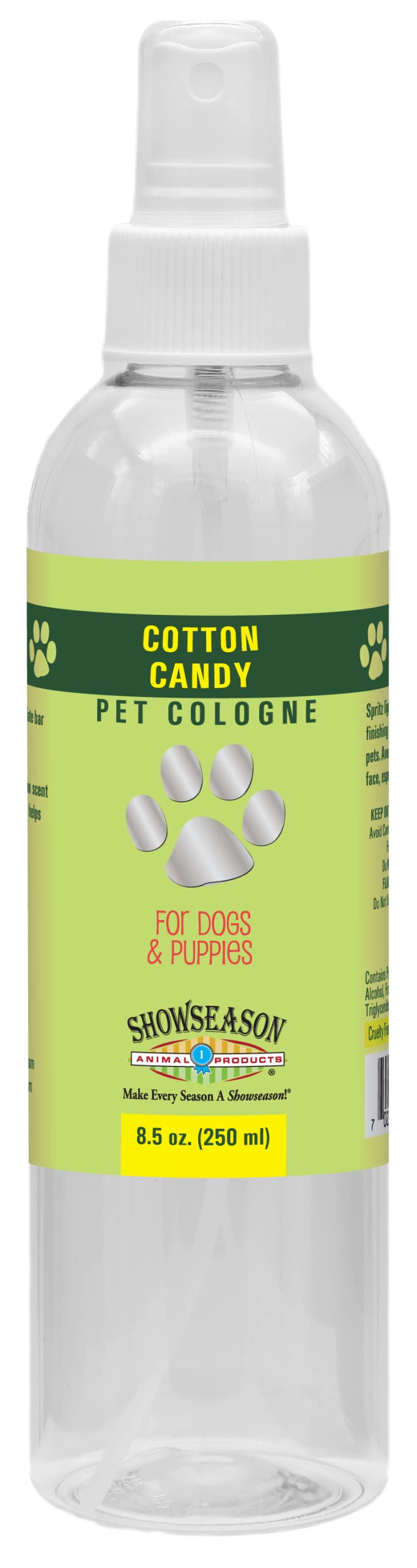 Showseason Cotton Candy Dog Cologne bottle with sprayer for long-lasting fresh scent.