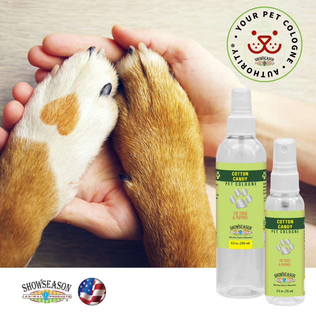 Showseason Cotton Candy Dog Cologne packaging emphasizing recyclable materials.