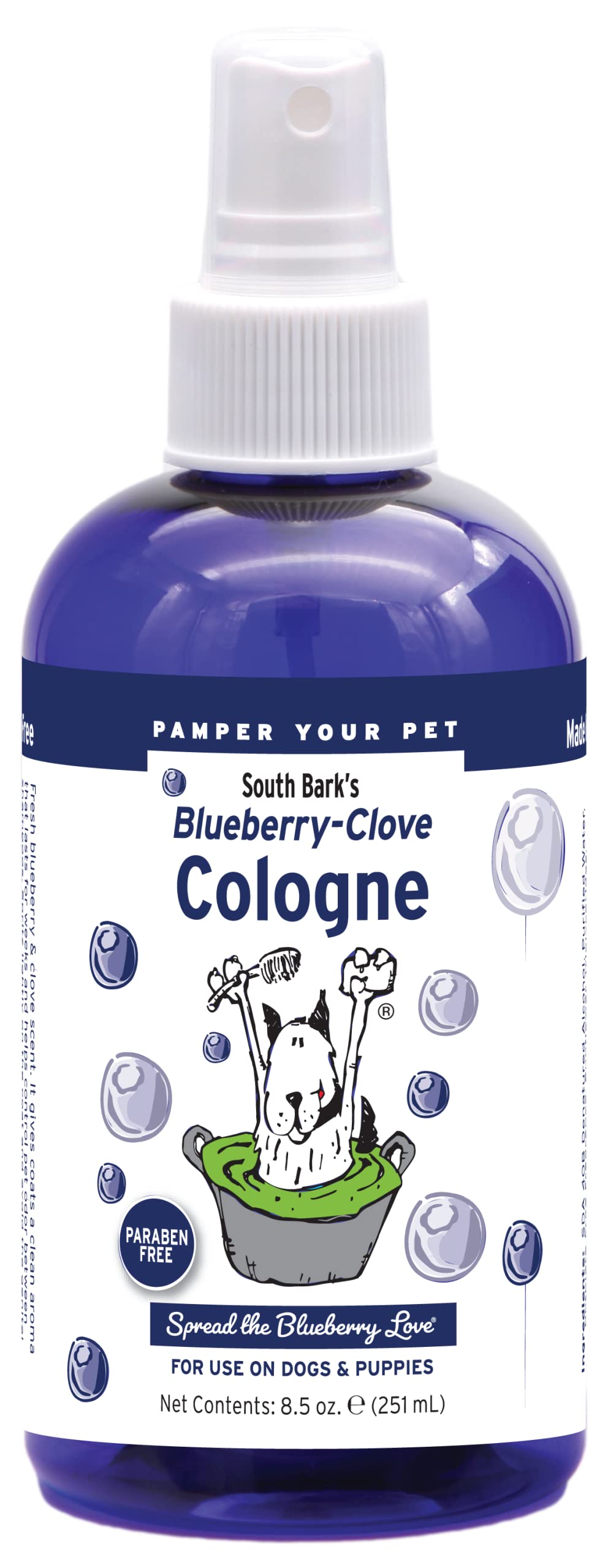Showseason South Bark's Blueberry Clove dog cologne bottle delivers lasting freshness.