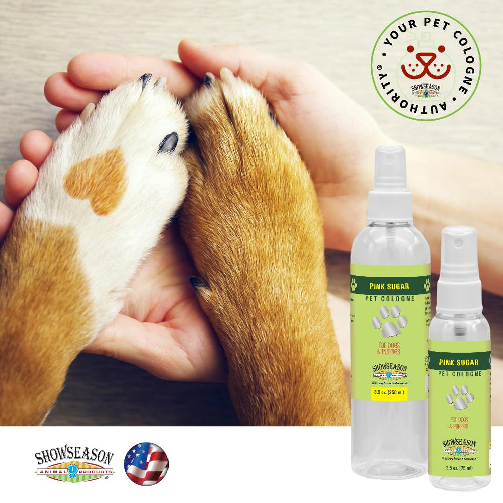 Showseason Pink Sugar applied on a dog's coat for a fresh aroma